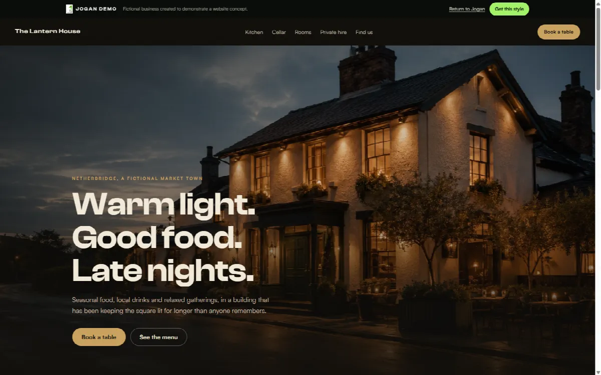 After Dark, a demonstration website concept for a fictional Pub and dining venue, shown on a desktop screen