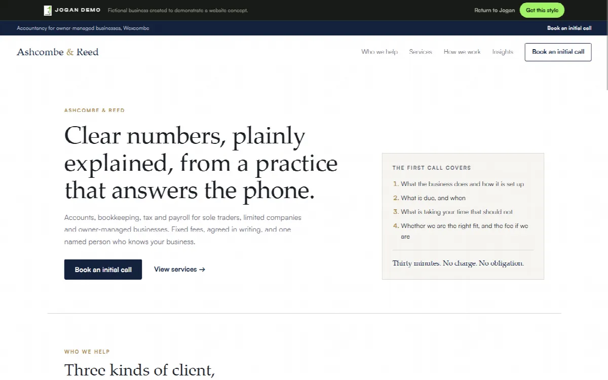 Ashcombe & Reed, a demonstration website concept for a fictional Accountant, shown on a desktop screen