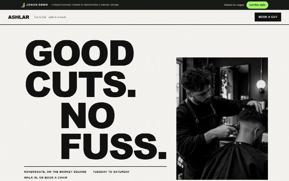 Ashlar Barbers, a demonstration website concept for a fictional Barber, shown on a desktop screen