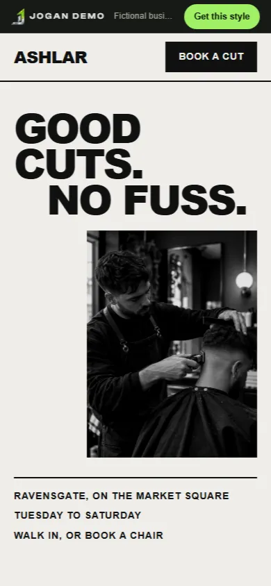 The same Ashlar Barbers concept shown on a phone