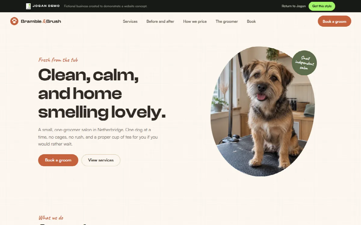 Bramble & Brush, a demonstration website concept for a fictional Dog groomer, shown on a desktop screen