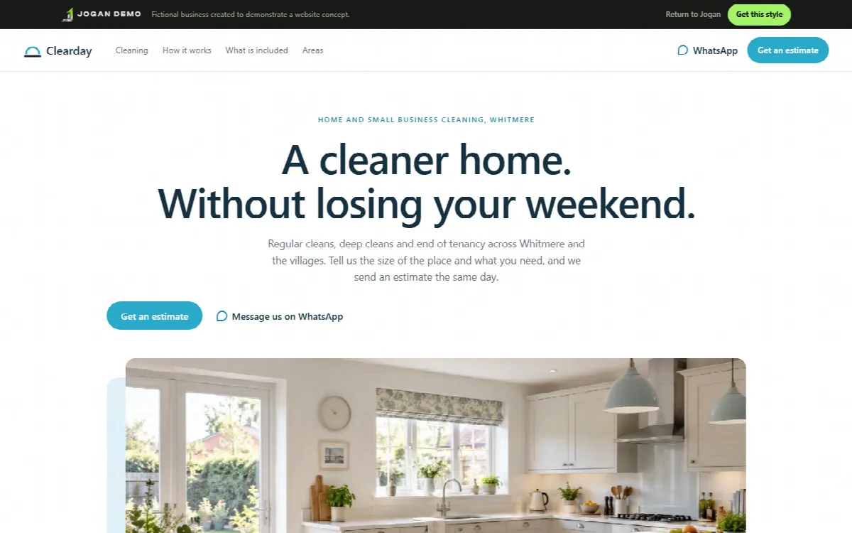 Clearday Cleaning, a demonstration website concept for a fictional Cleaning company, shown on a desktop screen