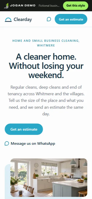 The same Clearday Cleaning concept shown on a phone