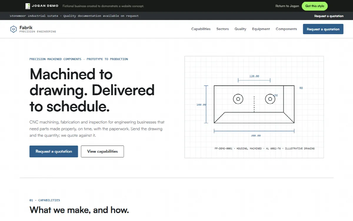 Fabrik Precision Engineering, a demonstration website concept for a fictional Precision engineering, shown on a desktop screen