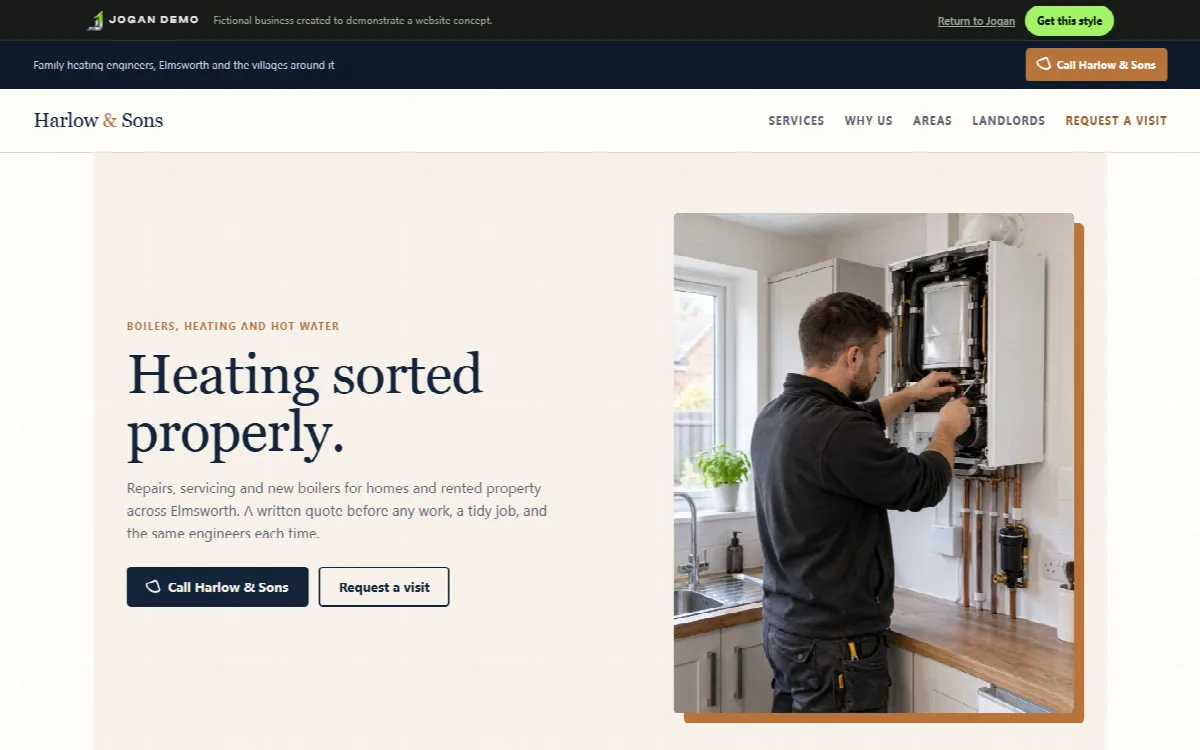 Harlow & Sons Heating, a demonstration website concept for a fictional Heating engineer, shown on a desktop screen