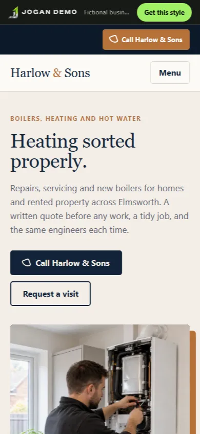 The same Harlow & Sons Heating concept shown on a phone