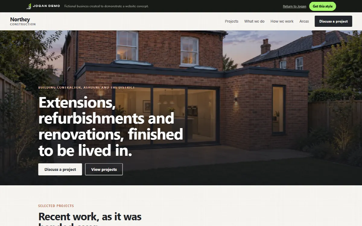 Northey Construction, a demonstration website concept for a fictional Building contractor, shown on a desktop screen