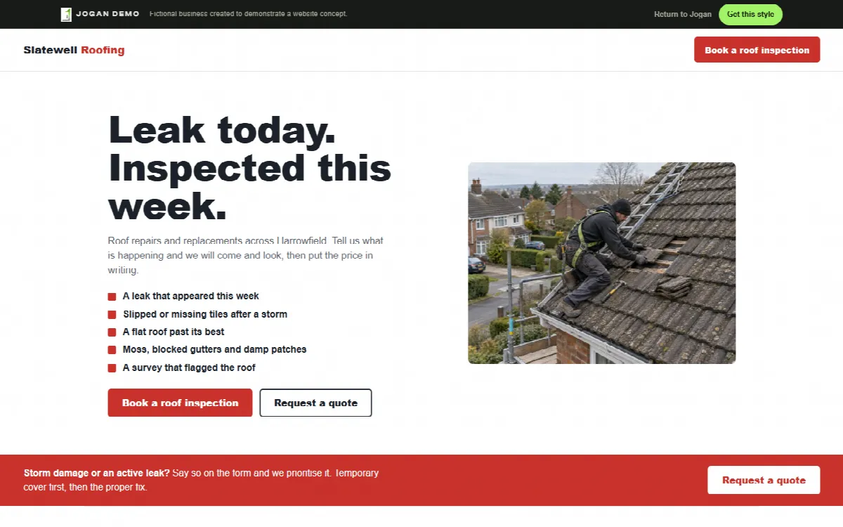 Slatewell Roofing, a demonstration website concept for a fictional Roofer, shown on a desktop screen