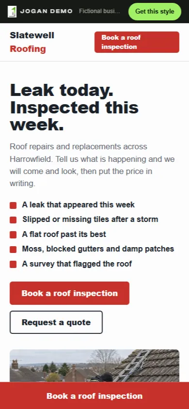 The same Slatewell Roofing concept shown on a phone