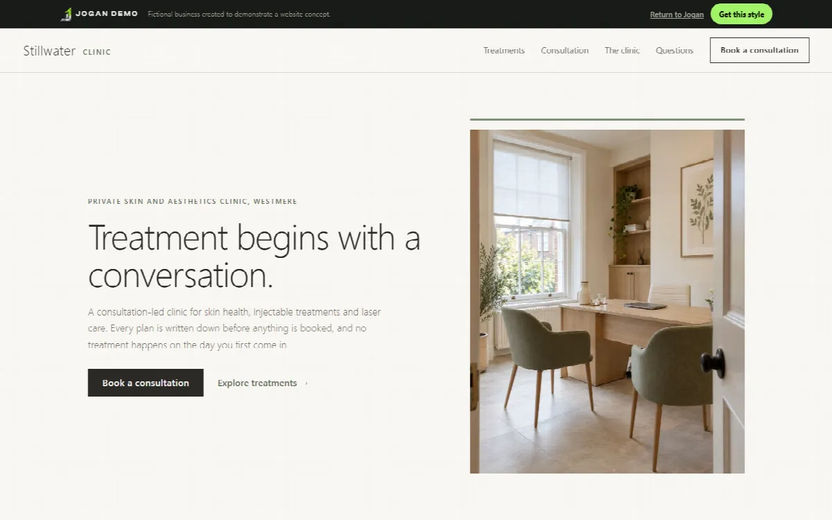 Stillwater Clinic, a demonstration website concept for a fictional Private skin clinic, shown on a desktop screen