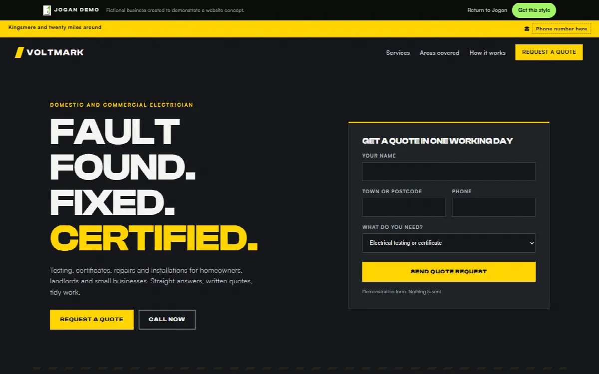 Voltmark Electrical, a demonstration website concept for a fictional Electrician, shown on a desktop screen