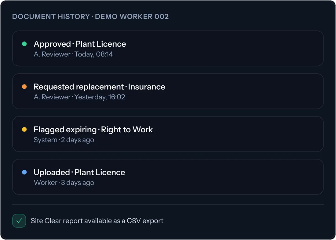 A Crew Matrix document history showing an upload, an expiry flag, a replacement request and an approval, each with who and when