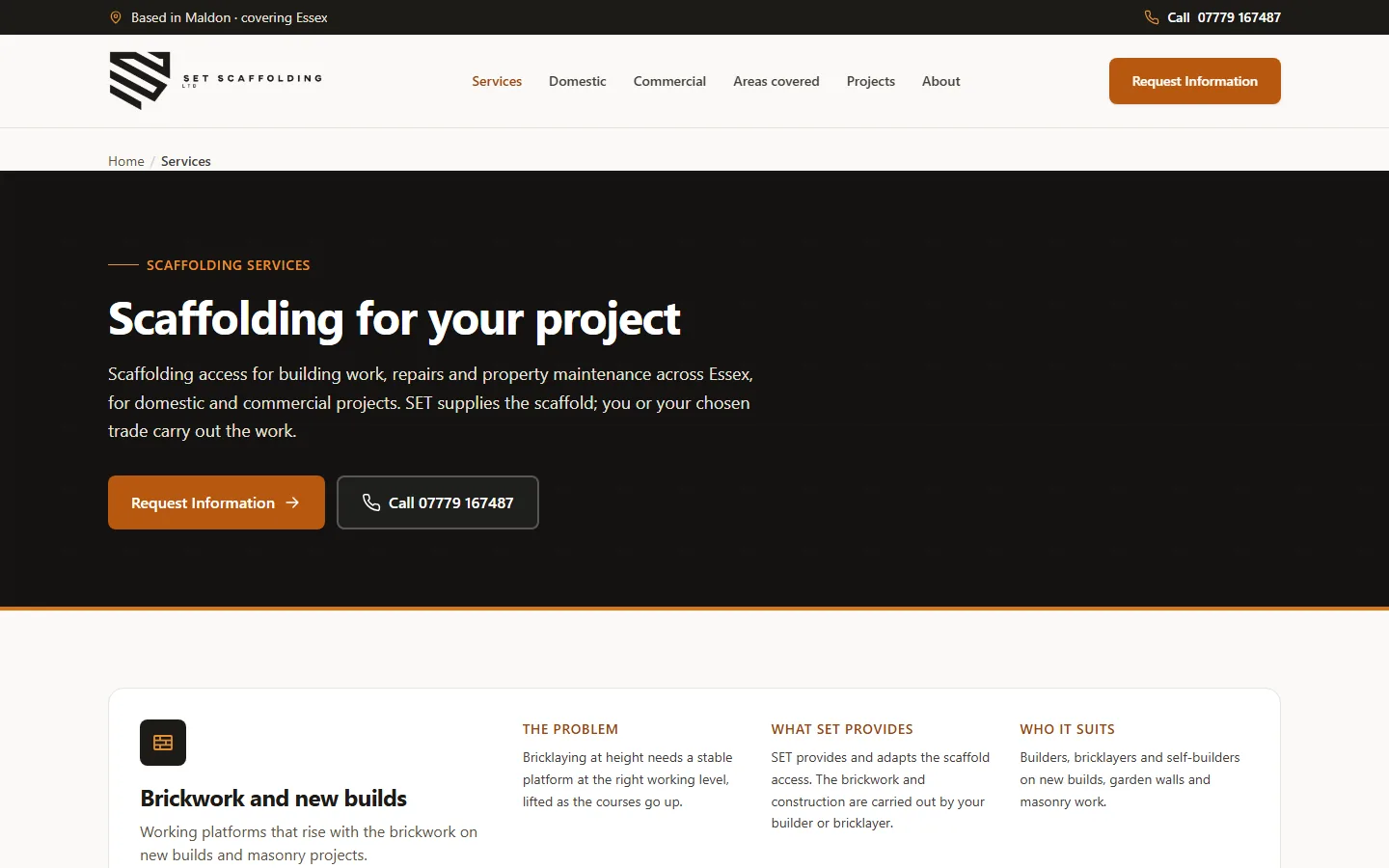 SET Scaffolding website, screen 1